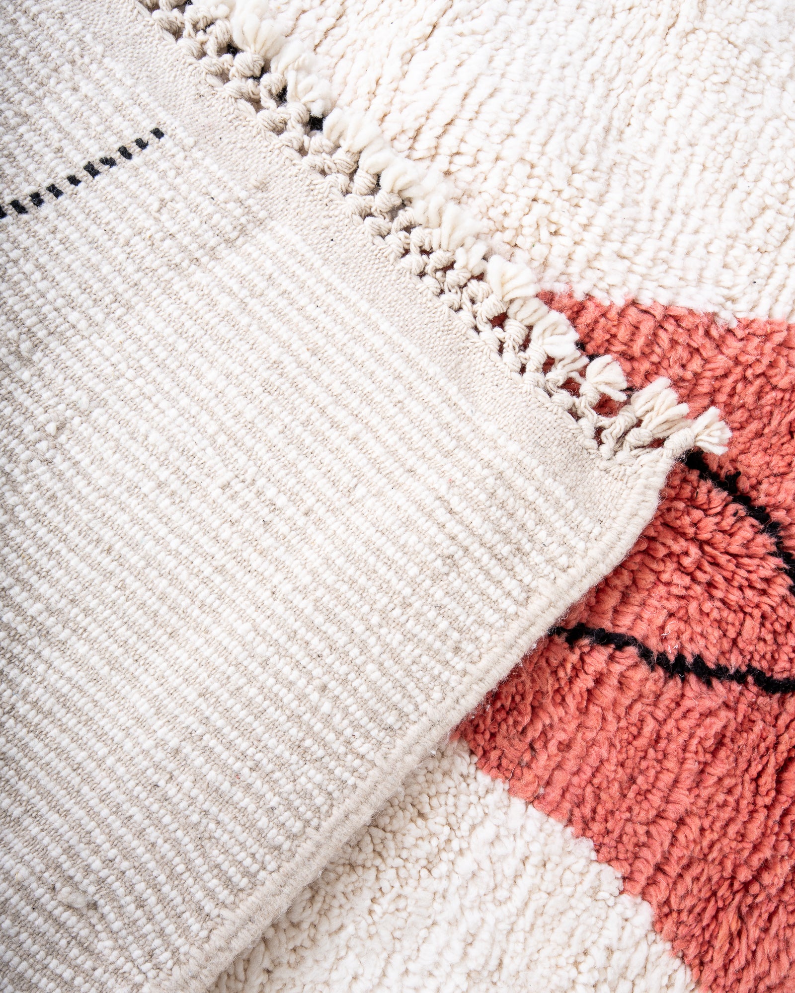 Modern, designer, handcrafted Berber rug from Morocco. Beniourain carpet with beautiful colours and patterns and fluffy wool texture.